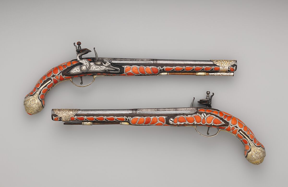 Pair of Flintlock Pistols, Steel, wood, coral, silver, gold, Algerian 