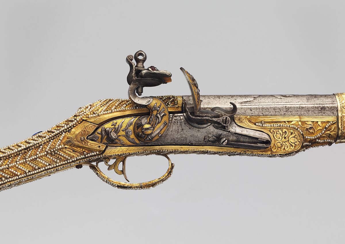 Flintlock Gun, Silver, wood, pearl, sapphire, diamond, enamel, iron, gold, garnet, gun, Turkish, Albania or Macedonia; lock, French