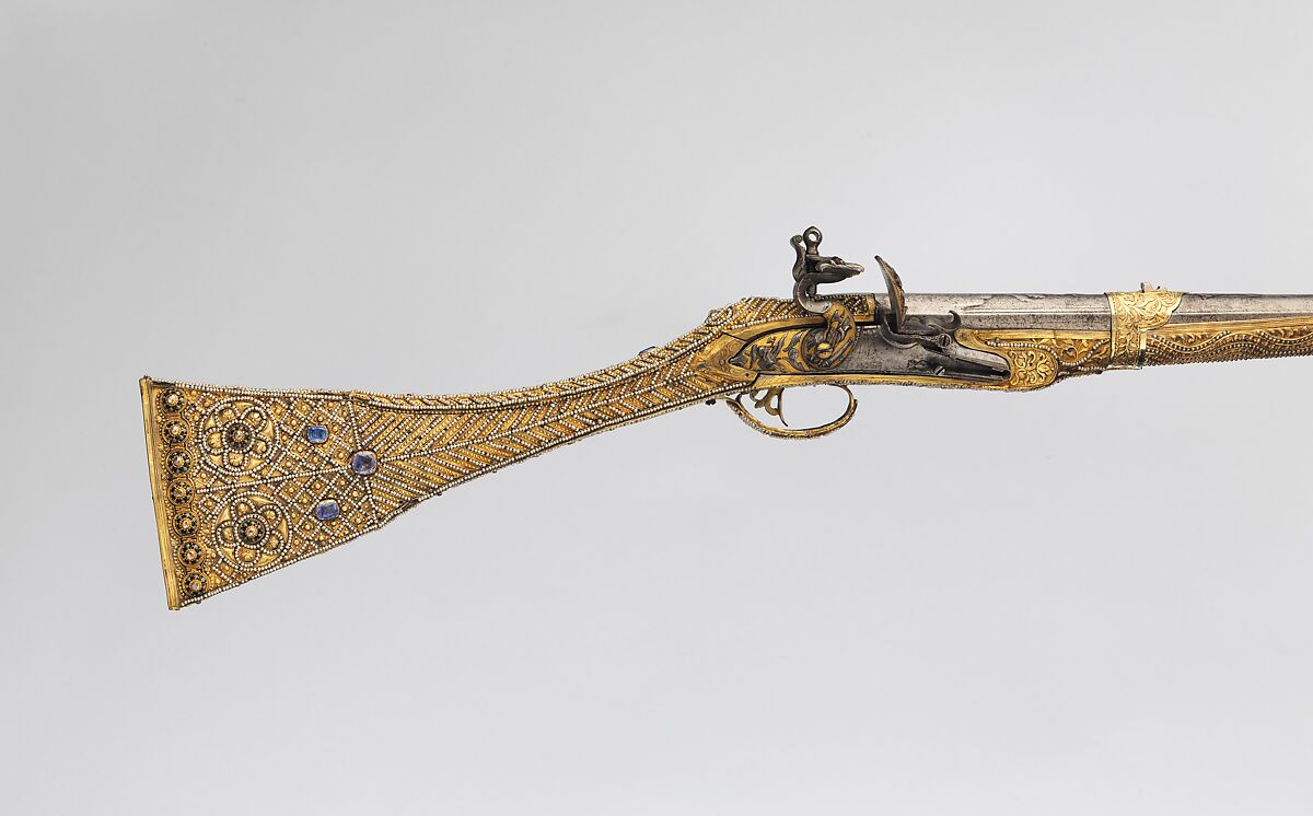 Flintlock Gun, Silver, wood, pearl, sapphire, diamond, enamel, iron, gold, garnet, gun, Turkish, Albania or Macedonia; lock, French