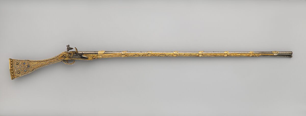 Flintlock Gun, Silver, wood, pearl, sapphire, diamond, enamel, iron, gold, garnet, gun, Turkish, Albania or Macedonia; lock, French 