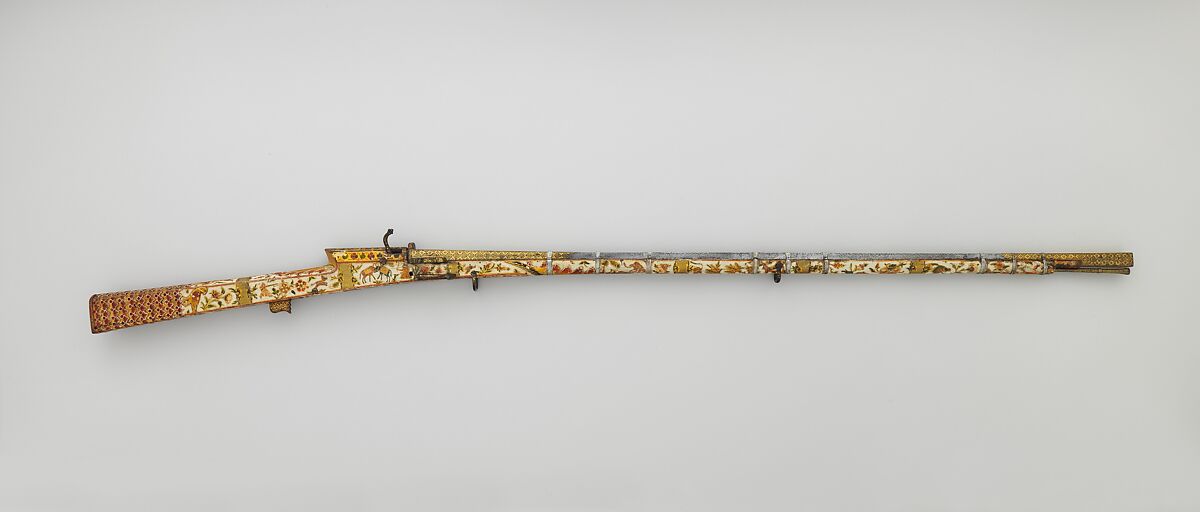 Matchlock Gun, Steel, wood, gold, silver, pigment, Indian, Rajasthan or Lahore 