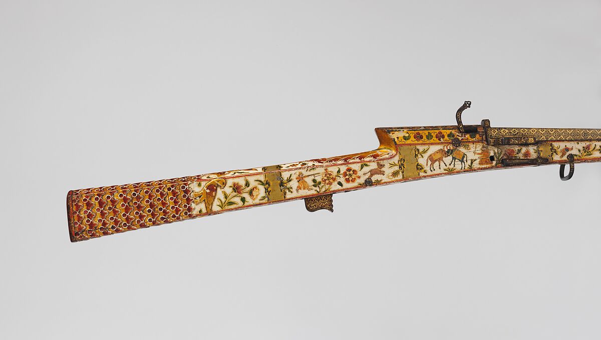 Matchlock Gun, Steel, wood, gold, silver, pigment, Indian, Rajasthan or Lahore