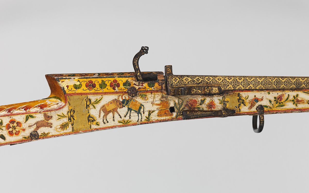 Matchlock Gun, Steel, wood, gold, silver, pigment, Indian, Rajasthan or Lahore