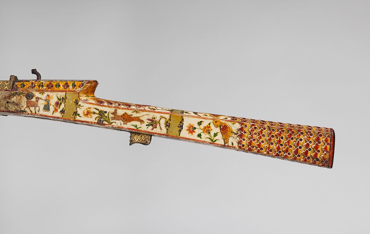 Matchlock Gun, Steel, wood, gold, silver, pigment, Indian, Rajasthan or Lahore
