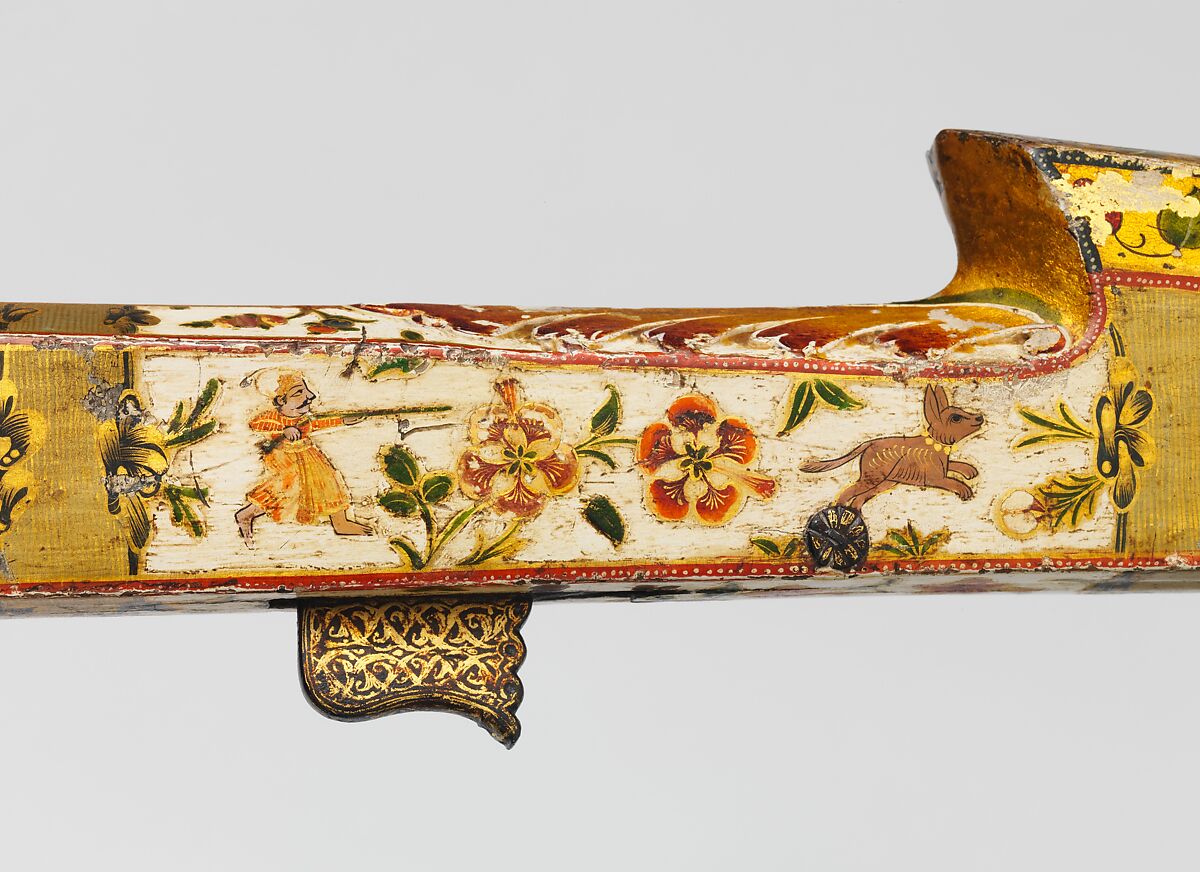Matchlock Gun, Steel, wood, gold, silver, pigment, Indian, Rajasthan or Lahore