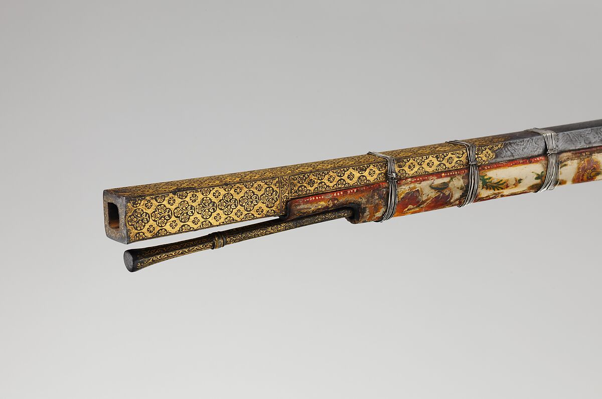 Matchlock Gun, Steel, wood, gold, silver, pigment, Indian, Rajasthan or Lahore