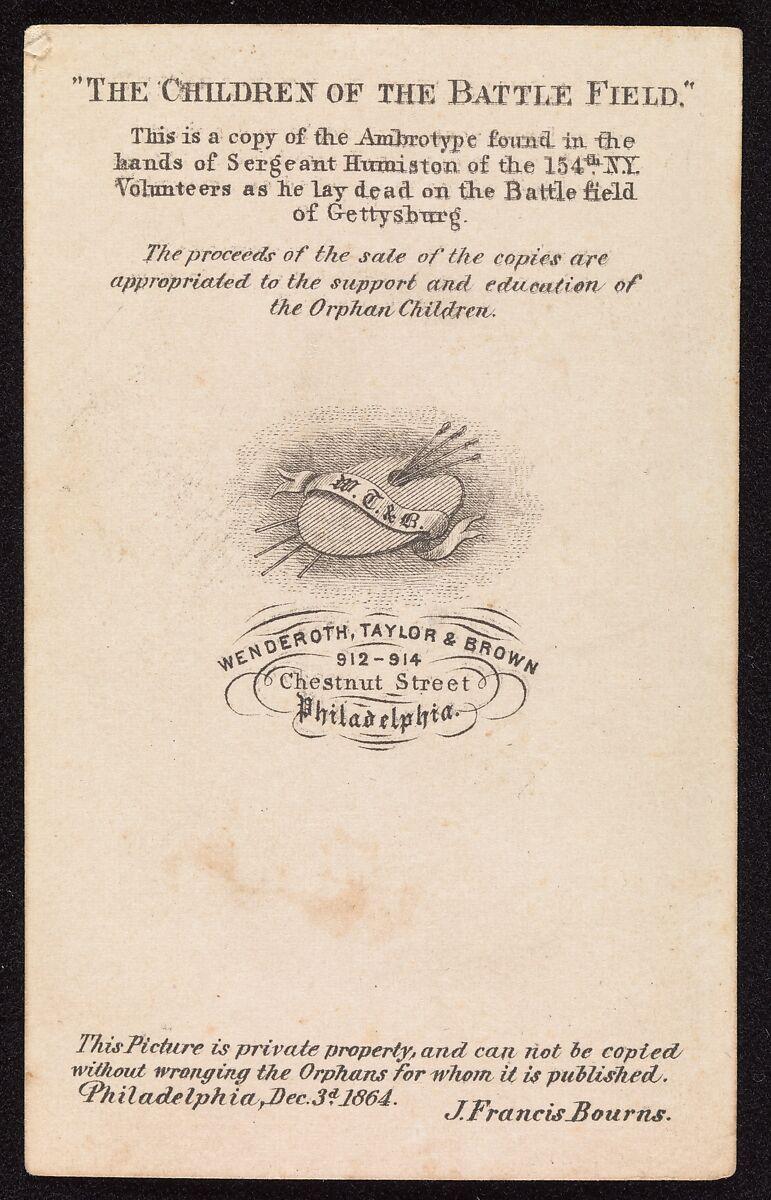 Frank, Frederick & Alice. "The Children of the Battle Field", Wenderoth, Taylor &amp; Brown (American, active Philadelphia, 1860s), Albumen silver print