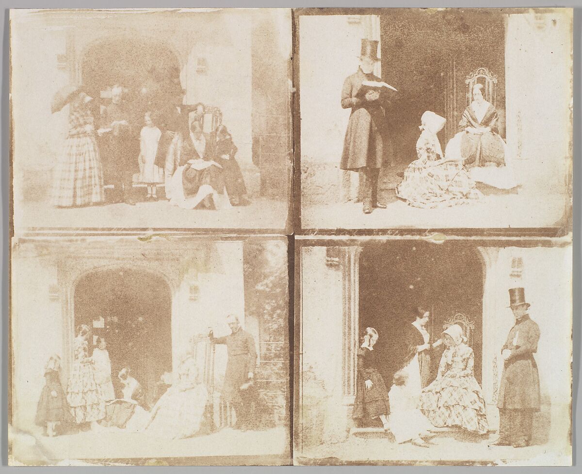 [Contact sheet of four group portraits in a doorway], Calvert Richard Jones (British, Swansea, Wales 1802–1877 Bath, England), Salted paper print from paper negative 