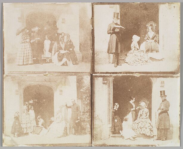 [Contact sheet of four group portraits in a doorway]