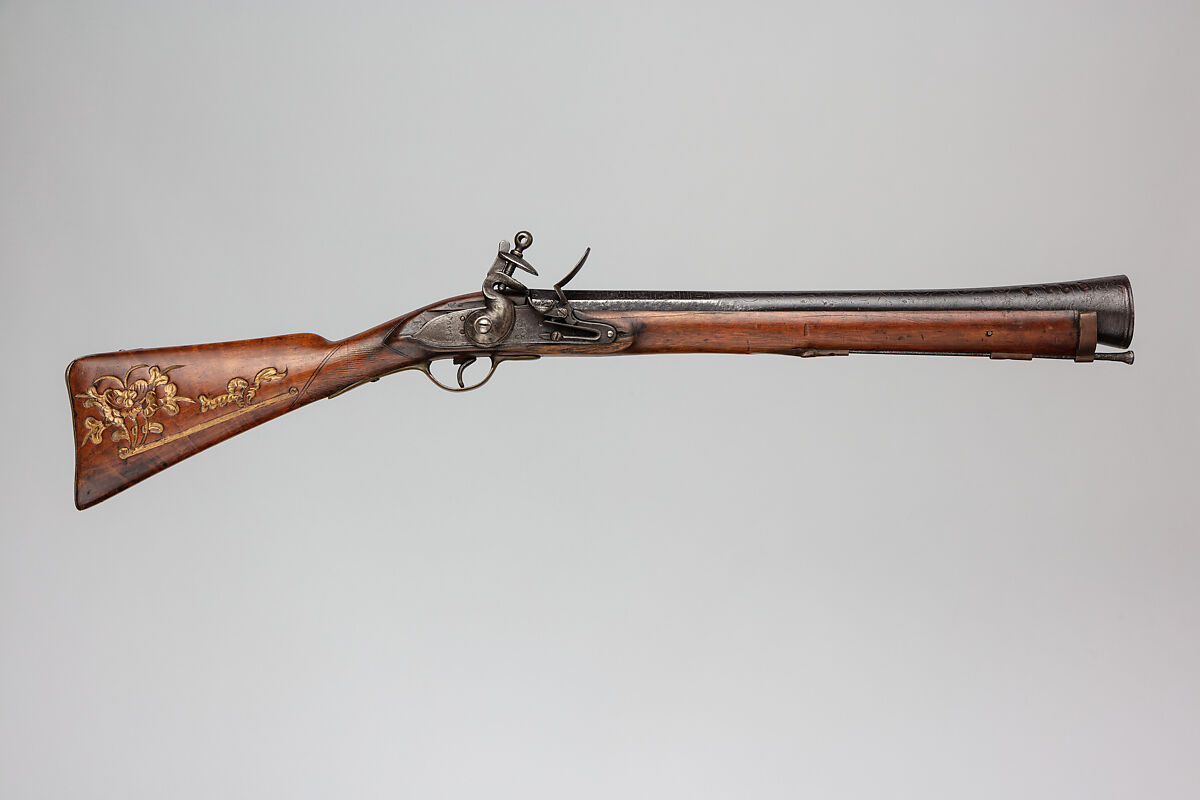 Flintlock Blunderbuss, Steel, wood (walnut), brass, silver, gold, British and possibly Sumatran 