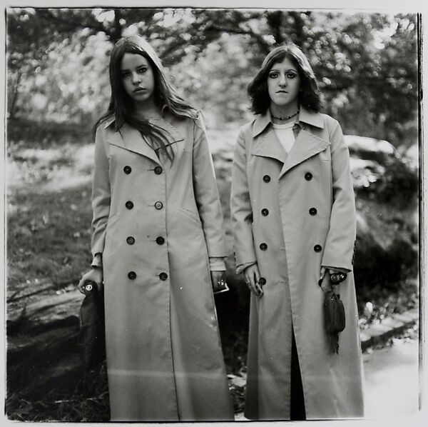 Two girls in identical raincoats, Central Park, N.Y.C., Diane Arbus (American, New York 1923–1971 New York), Gelatin silver print 