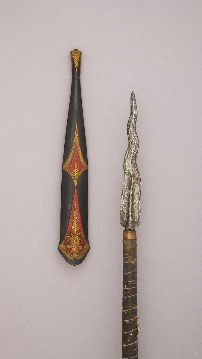 Spear with Sheath, Wood, steel, polychromy, copper, twine, resin, Balinese