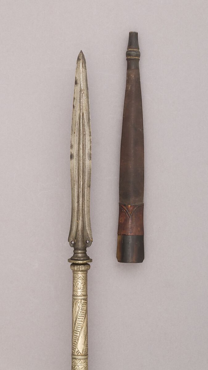 Spear with Sheath, Wood, silver plate, horn, cord, Malayan 