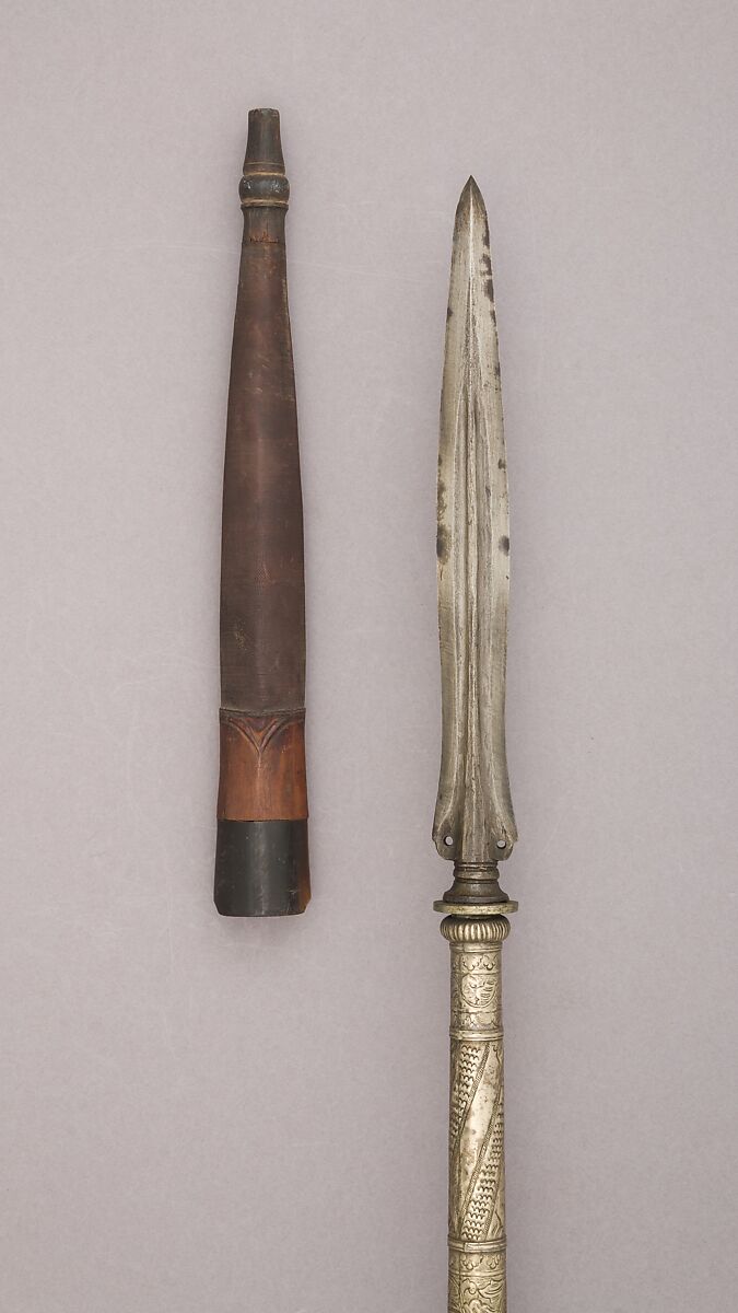 Spear with Sheath, Wood, silver plate, horn, cord, Malayan