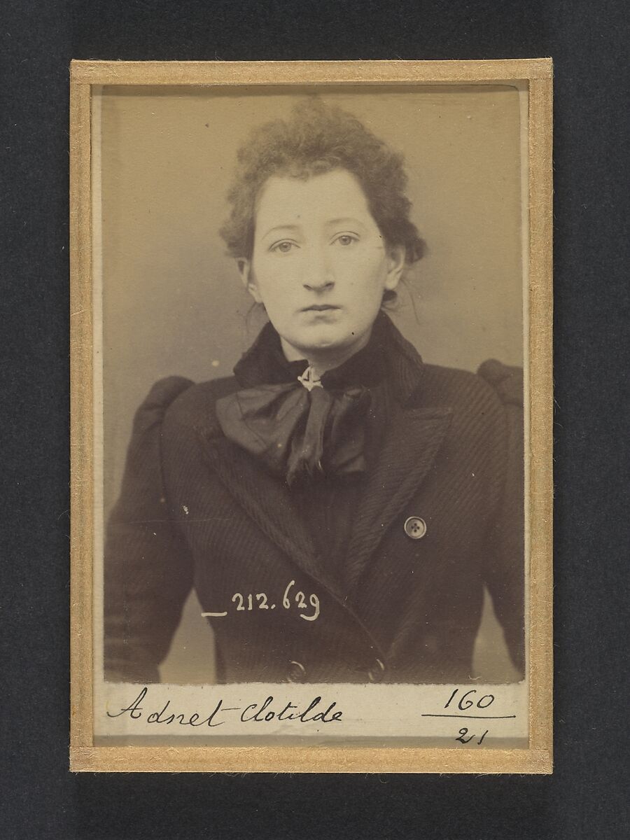 Adnet. Clotilde. 19 ans, née en décembre 74 à Argentant (Orne). Brodeuse. Anarchiste. Fichée le 7/1/94., Alphonse Bertillon (French, 1853–1914), Albumen silver print from glass negative 