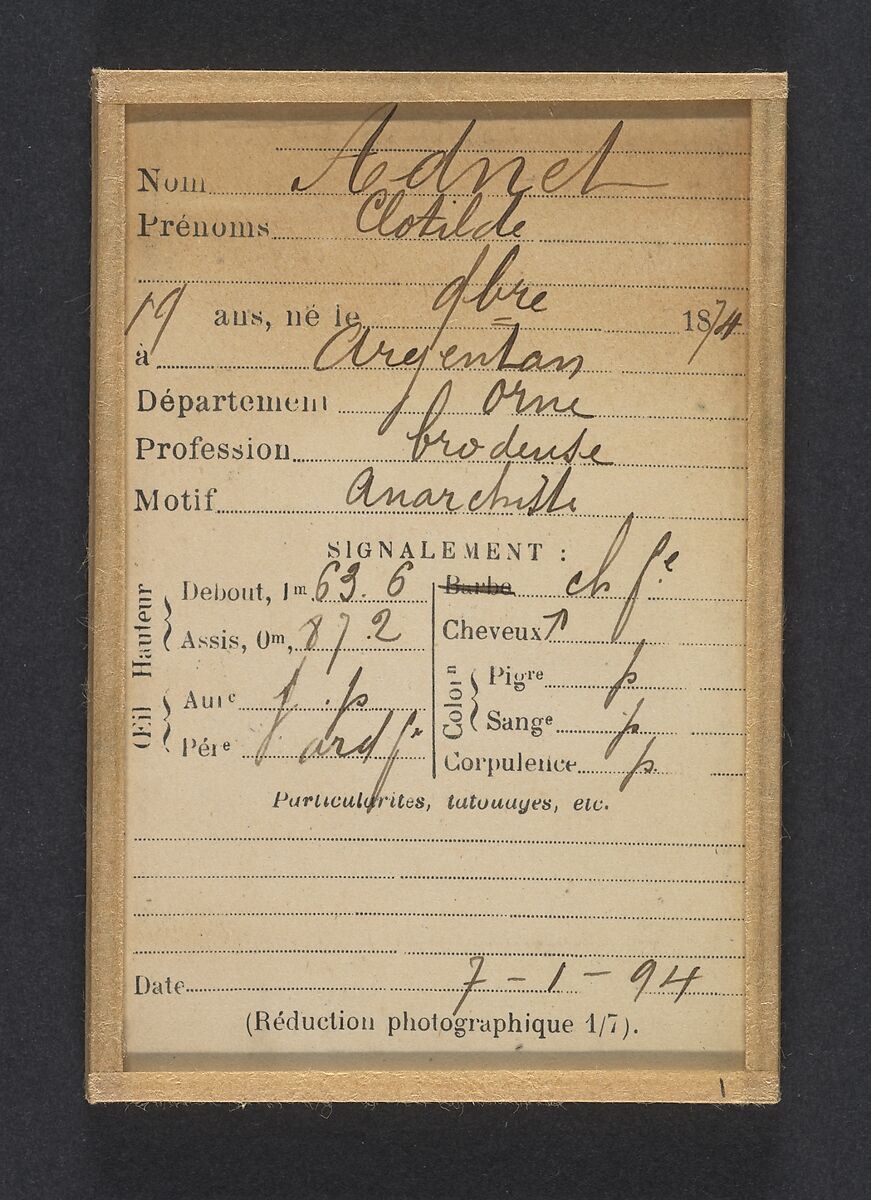 Adnet. Clotilde. 19 ans, née en décembre 74 à Argentant (Orne). Brodeuse. Anarchiste. Fichée le 7/1/94., Alphonse Bertillon (French, 1853–1914), Albumen silver print from glass negative