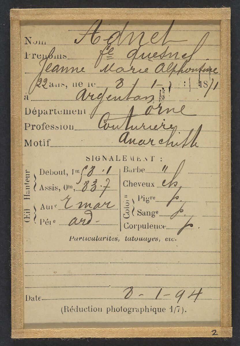 Adnet. Jeanne, Marie. Alphonsine (femme Quesnel). 22 ans, née à Argentan. Couturière. Anarchiste. 8/1/94., Alphonse Bertillon (French, 1853–1914), Albumen silver print from glass negative