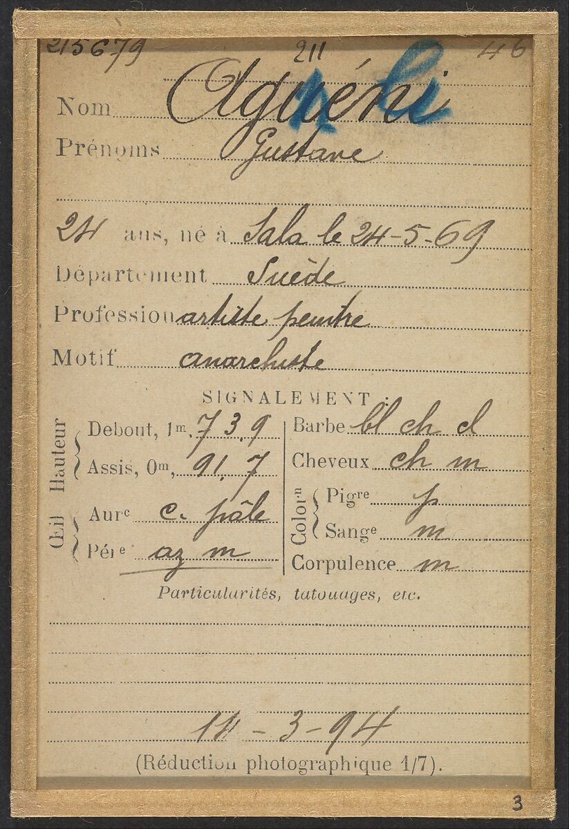 Aguéli Gustave. 24 ans, né à Sala (Suède) le 24-5-69. Artiste-peintre. Anarchiste. 14-3-94., Alphonse Bertillon (French, 1853–1914), Albumen silver print from glass negative