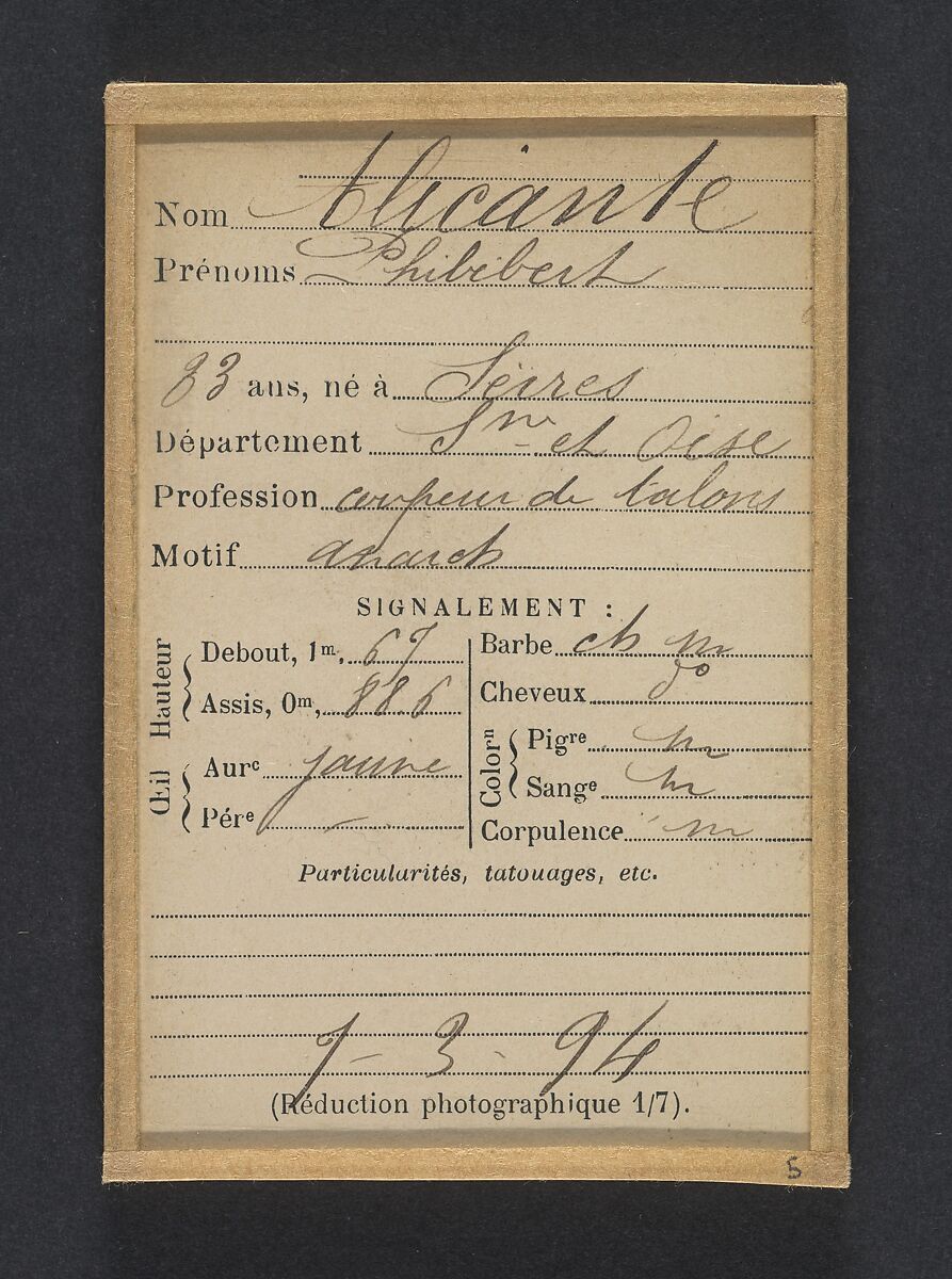 Alicante. Philibert. 33 ans, né à Seire (Seine & Oise). Coupeur de talons. Anarchiste. 7/3/94., Alphonse Bertillon (French, 1853–1914), Albumen silver print from glass negative