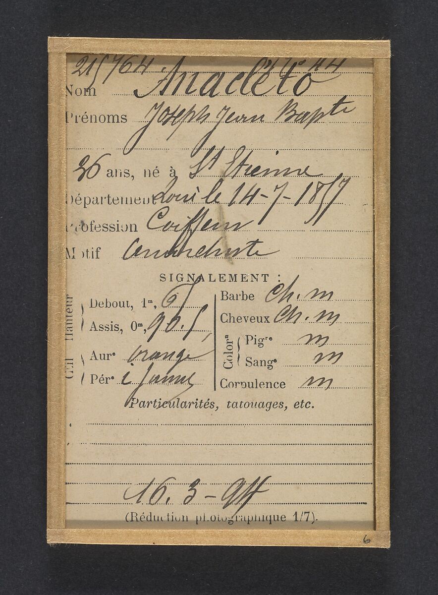 Anacléto. Joseph, Jean-Baptiste. 36 ans, né le 14/7/57. Coiffeur. Anarchiste. 16/3/94., Alphonse Bertillon (French, 1853–1914), Albumen silver print from glass negative