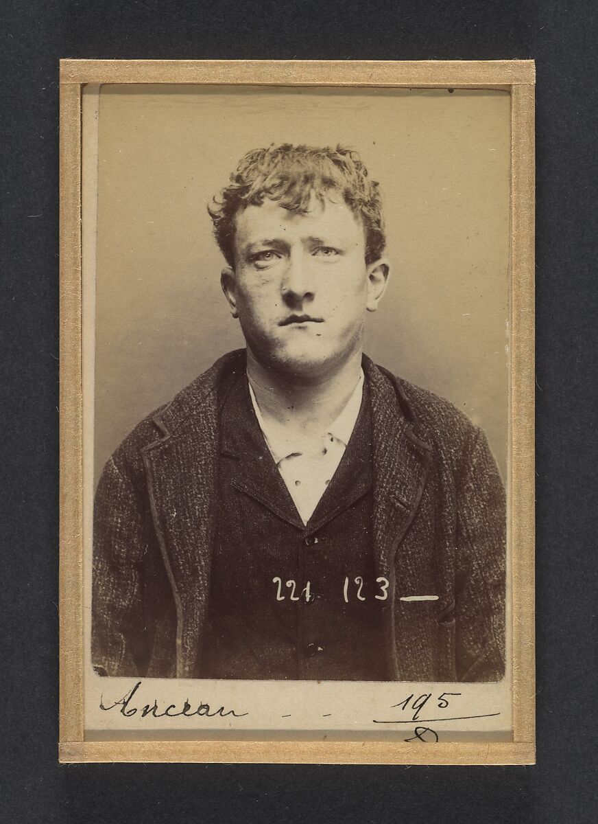 Anceau. Aimé-Firmin. 20 ans, né le 18/2/74 à Paris XIIe. Sculpteur sur bois. Anarchiste. 17/7/94., Alphonse Bertillon (French, 1853–1914), Albumen silver print from glass negative 