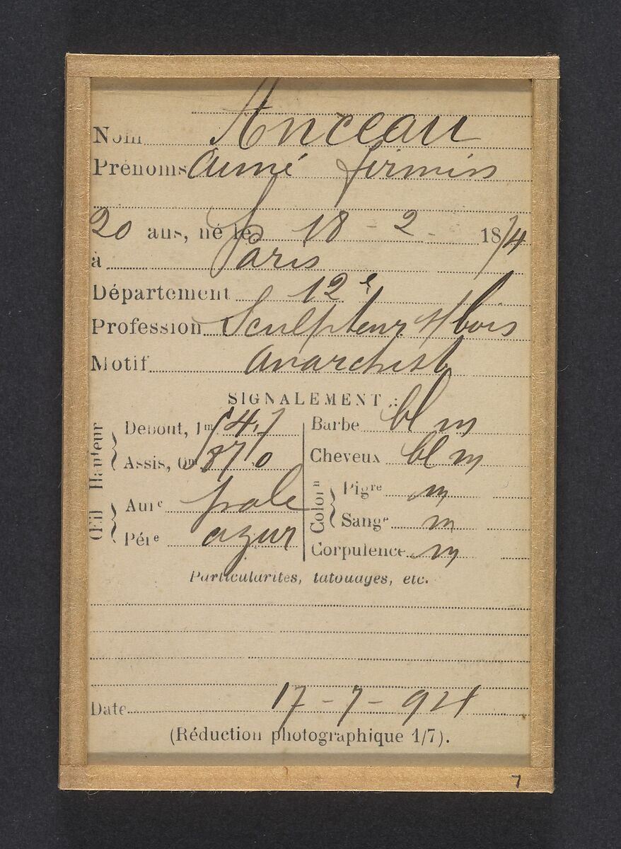 Anceau. Aimé-Firmin. 20 ans, né le 18/2/74 à Paris XIIe. Sculpteur sur bois. Anarchiste. 17/7/94., Alphonse Bertillon (French, 1853–1914), Albumen silver print from glass negative