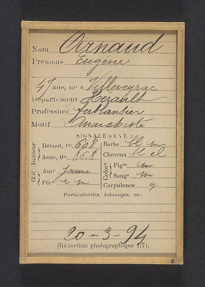 Arnaud. Eugène. 47 ans, né à Villeveyrac (Hérault). Ferblantier. Anarchiste. 20/3/94., Alphonse Bertillon (French, 1853–1914), Albumen silver print from glass negative
