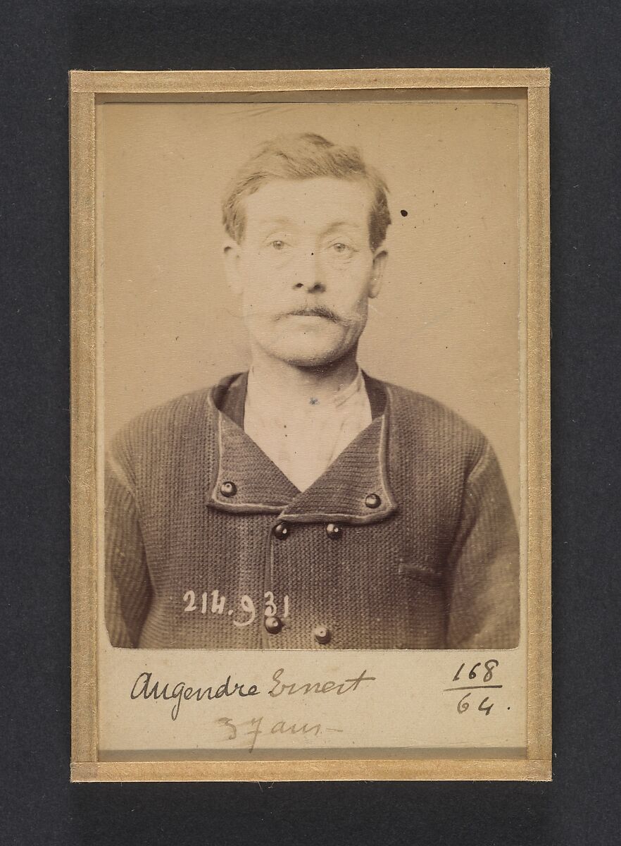 Augendre. Ernest. 37 ans, né à St-Pierre le Moutier (Nièvre). Maçon. Anarchiste. 1/3/94., Alphonse Bertillon (French, 1853–1914), Albumen silver print from glass negative 