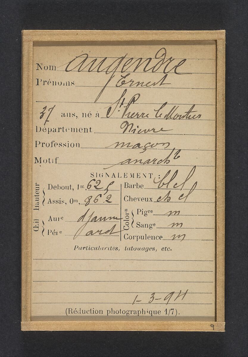 Augendre. Ernest. 37 ans, né à St-Pierre le Moutier (Nièvre). Maçon. Anarchiste. 1/3/94., Alphonse Bertillon (French, 1853–1914), Albumen silver print from glass negative