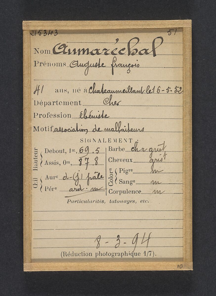 Aumaréchal. Auguste. 44 ans, né à Chateaumeillant (Cher). Ébéniste. Association de malfaiteurs. 8/3/94., Alphonse Bertillon (French, 1853–1914), Albumen silver print from glass negative