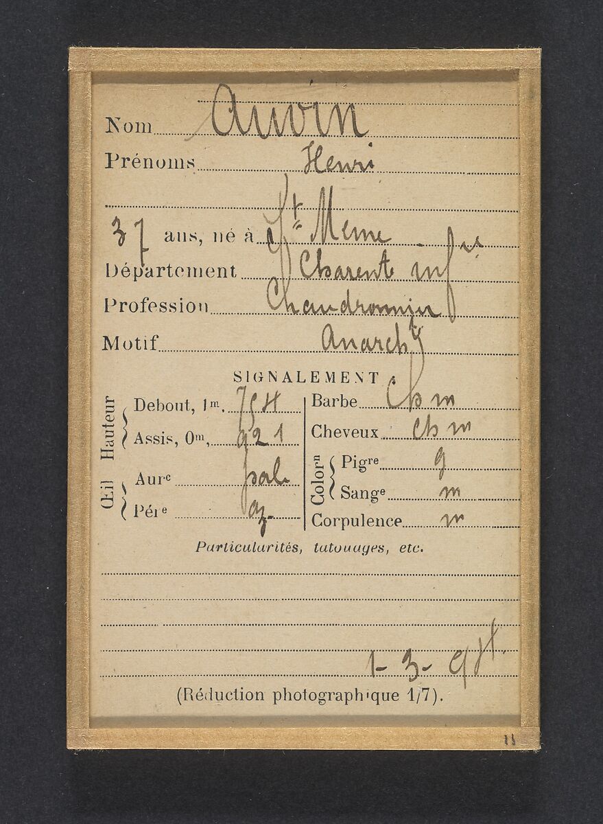Auvin. Henri. 37 ans, né à St-Meme (Charente-Inférieure). Chaudronnier. Anarchiste. 1/3/94., Alphonse Bertillon (French, 1853–1914), Albumen silver print from glass negative