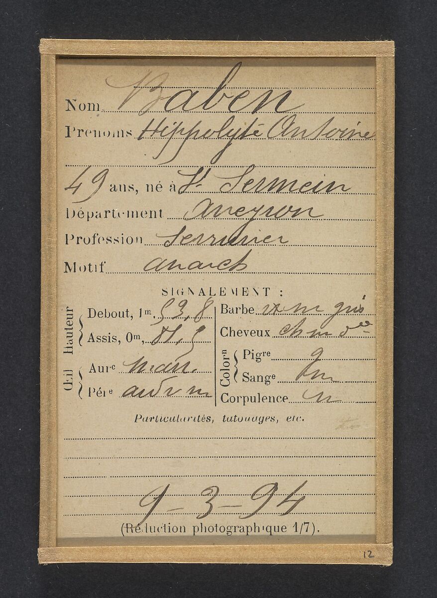 Baben. Hyppolyte, Antoine. 49 ans, né à St Sermain (Aveyron). Serrurier. Anarchiste. 9/3/94., Alphonse Bertillon (French, 1853–1914), Albumen silver print from glass negative
