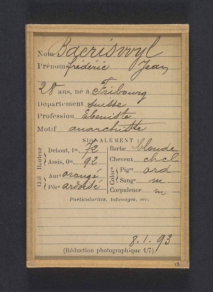 Baerisvuyl. Frédéric, Jean. 28 ans, né à Fribourg (Suisse). Ébéniste. Anarchiste. 8/1/93., Alphonse Bertillon (French, 1853–1914), Albumen silver print from glass negative