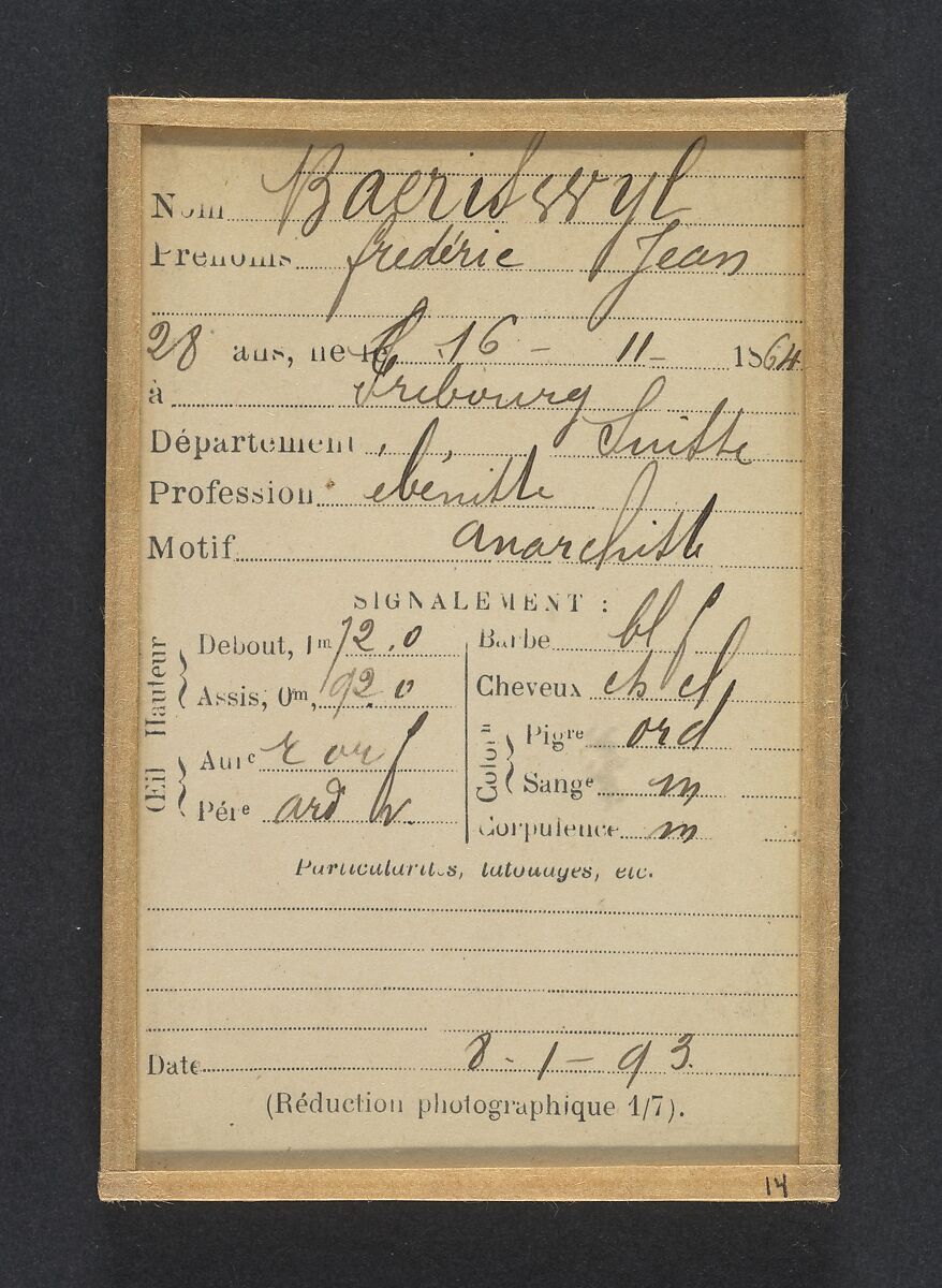 Baerisvuyl. Frédéric, Jean. 28 ans, né à Fribourg (Suisse). Ébéniste. Anarchiste. 8/1/93., Alphonse Bertillon (French, 1853–1914), Albumen silver print from glass negative