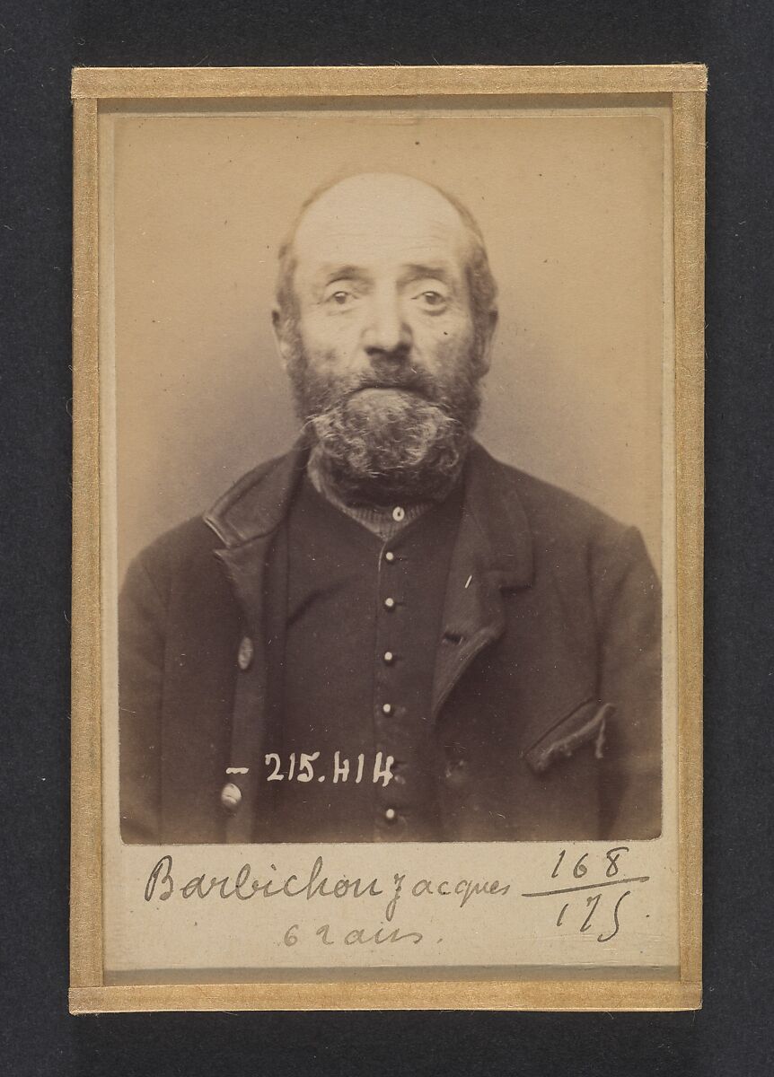 Barbichon. Jacques, Émile. 62 ans, né à Provins. Marchand de mouron. Anarchiste. 9/3/91., Alphonse Bertillon (French, 1853–1914), Albumen silver print from glass negative 