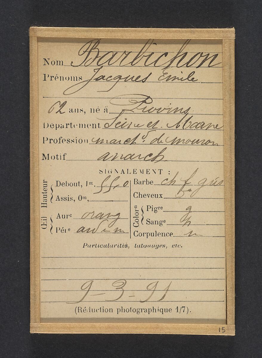 Barbichon. Jacques, Émile. 62 ans, né à Provins. Marchand de mouron. Anarchiste. 9/3/91., Alphonse Bertillon (French, 1853–1914), Albumen silver print from glass negative