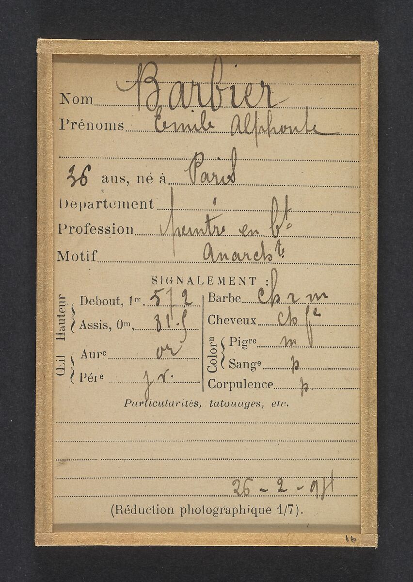 Barbier. Émile, Alphonse. 36 ans, né à Paris. Peintre en bâtiment. Anarchiste. 26/2/94., Alphonse Bertillon (French, 1853–1914), Albumen silver print from glass negative