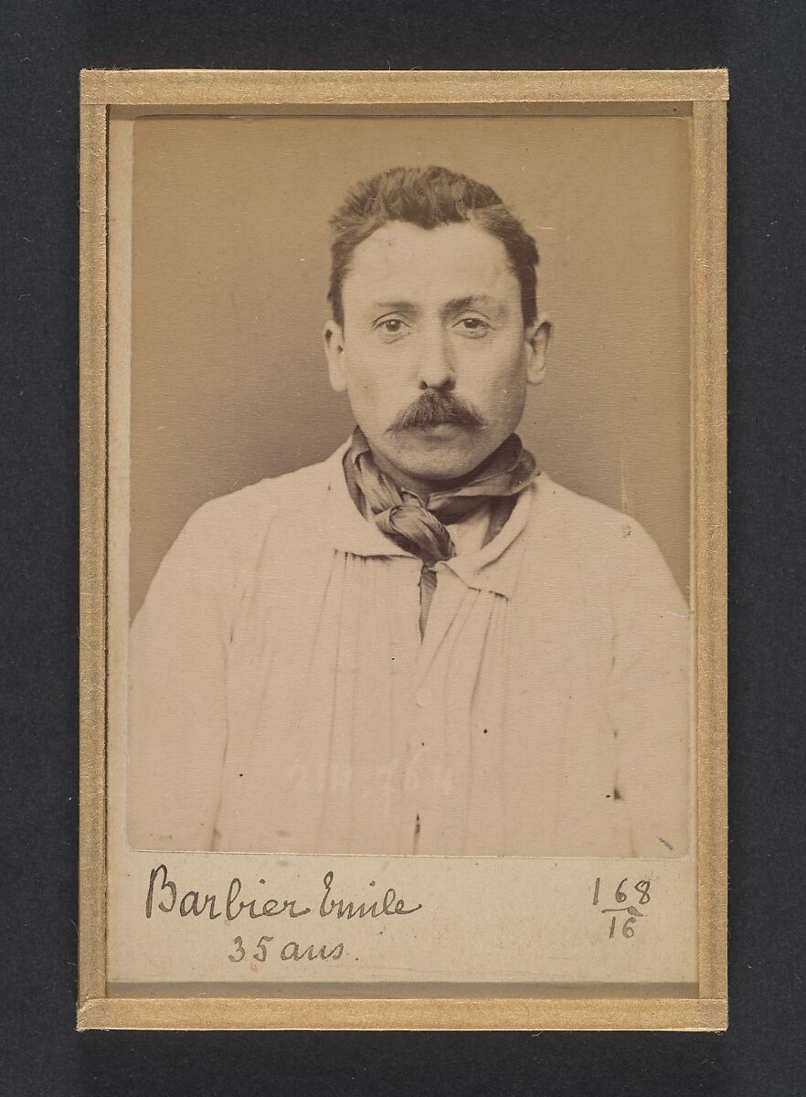 Barbier. Émile, Alphonse. 36 ans, né à Paris. Peintre en bâtiment. Anarchiste. 26/2/94., Alphonse Bertillon (French, 1853–1914), Albumen silver print from glass negative 