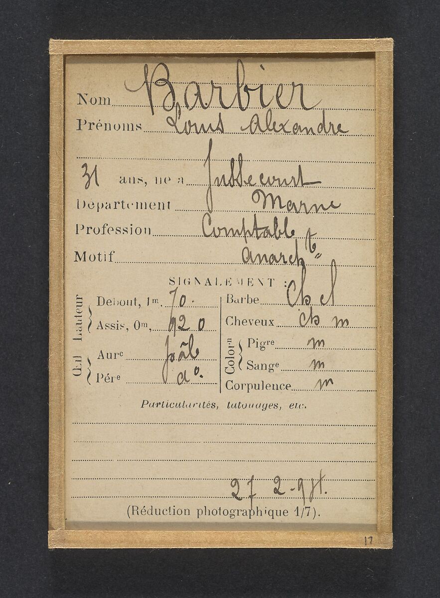 Barbier. Louis, Alexandre. 31 ans, né à Jussecourt (Marne). Comptable. Anarchiste. 27/2/94., Alphonse Bertillon (French, 1853–1914), Albumen silver print from glass negative