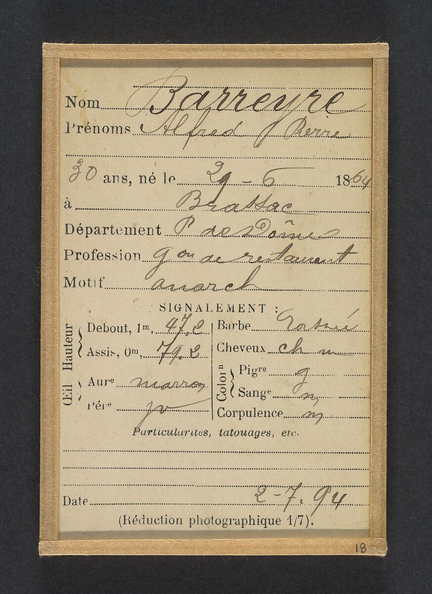 Barreyre. Alfred. 30 ans, né le 30/6/64 à Brassac (P. de Dôme). Gérant de restaurant. Anarchiste. 2/7/94., Alphonse Bertillon (French, 1853–1914), Albumen silver print from glass negative