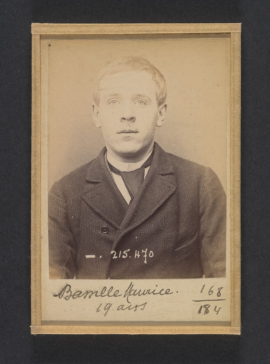 Bassille. Maurice, Eugène. 19 ans, né à Paris Ille. Portefeuilliste. Anarchiste. 9/3/94., Alphonse Bertillon (French, 1853–1914), Albumen silver print from glass negative 