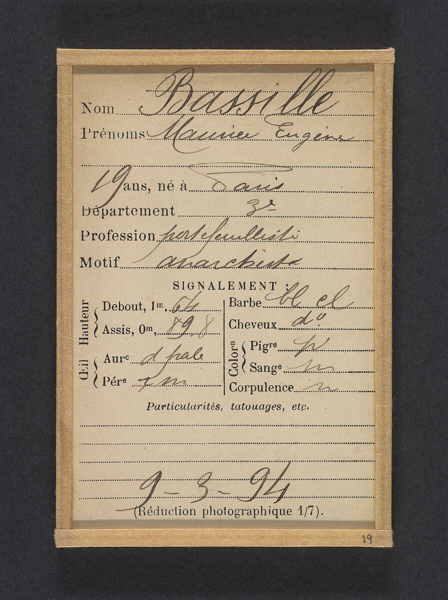 Bassille. Maurice, Eugène. 19 ans, né à Paris Ille. Portefeuilliste. Anarchiste. 9/3/94., Alphonse Bertillon (French, 1853–1914), Albumen silver print from glass negative