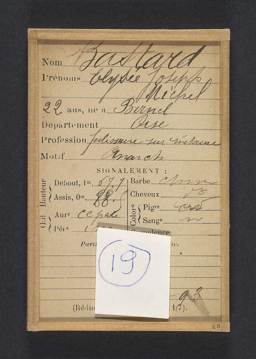 Bastard. Élisée, Joseph, Michel. 22 ans, né à Birnel (Oise). Polisseur. Anarchiste. 20/8/93., Alphonse Bertillon (French, 1853–1914), Albumen silver print from glass negative