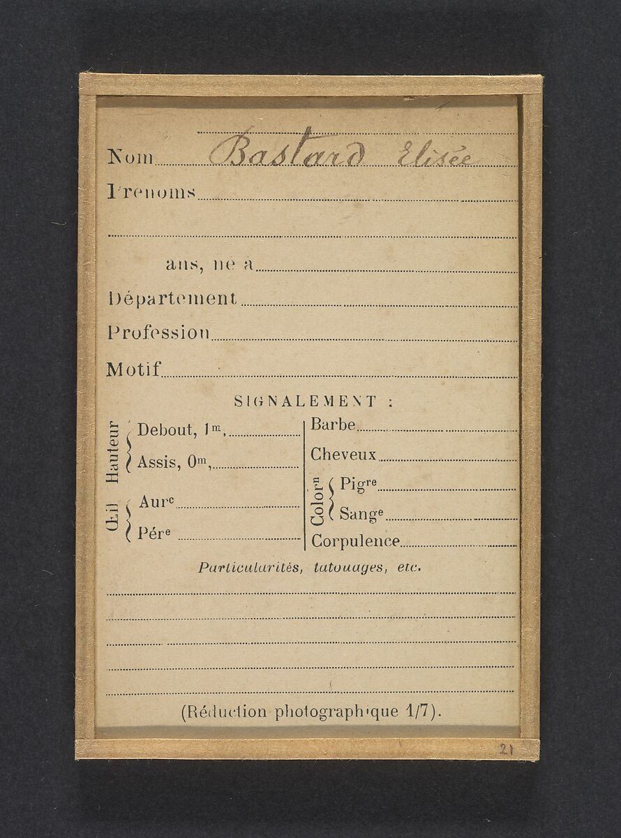 Bastard. Élisée, Joseph, Michel. 22 ans, né à Birnel (Oise). Polisseur. Anarchiste. 20/8/93., Alphonse Bertillon (French, 1853–1914), Albumen silver print from glass negative