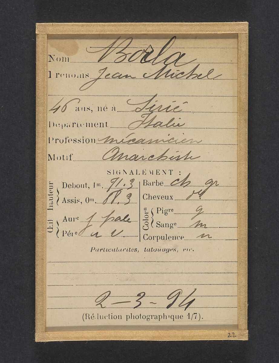 Barla. Jean Michel. 46 ans, né à Sirié (Italie). Mécanicien. Anarchiste. 2/3/94., Alphonse Bertillon (French, 1853–1914), Albumen silver print from glass negative