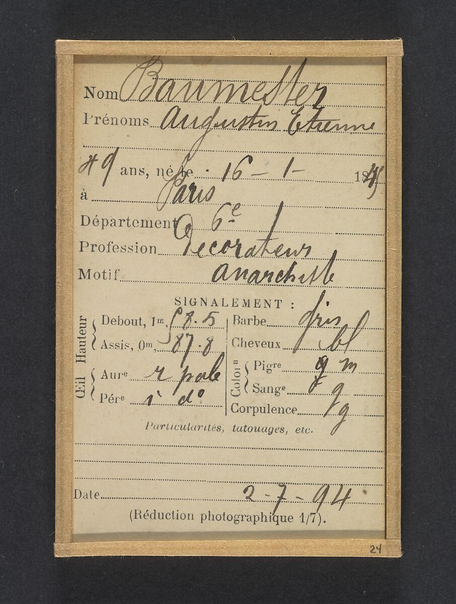 Baumester. Augustin, Etienne. 49 ans, né le 16/1/45 à Paris VIe. Décorateur. Anarchiste. 2/7/94., Alphonse Bertillon (French, 1853–1914), Albumen silver print from glass negative