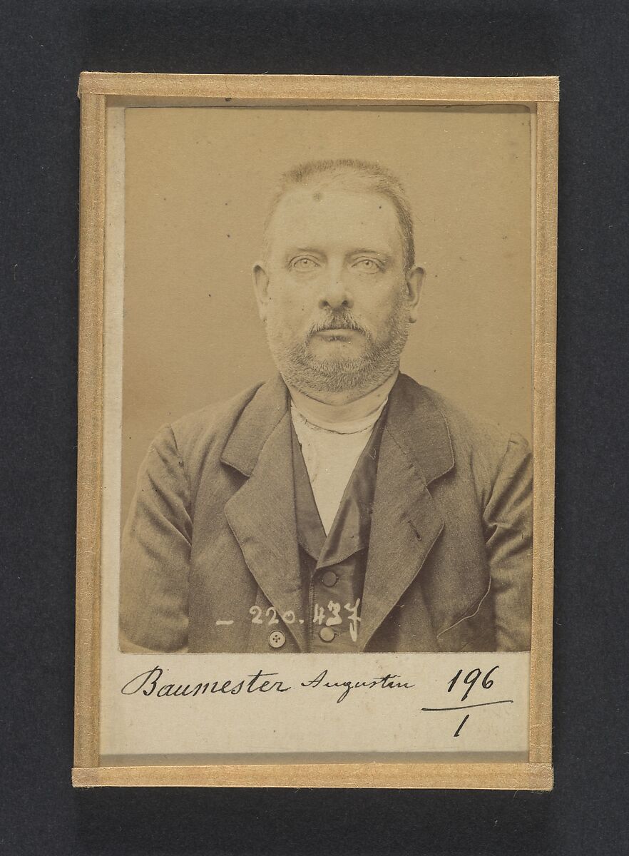 Baumester. Augustin, Etienne. 49 ans, né le 16/1/45 à Paris VIe. Décorateur. Anarchiste. 2/7/94., Alphonse Bertillon (French, 1853–1914), Albumen silver print from glass negative 