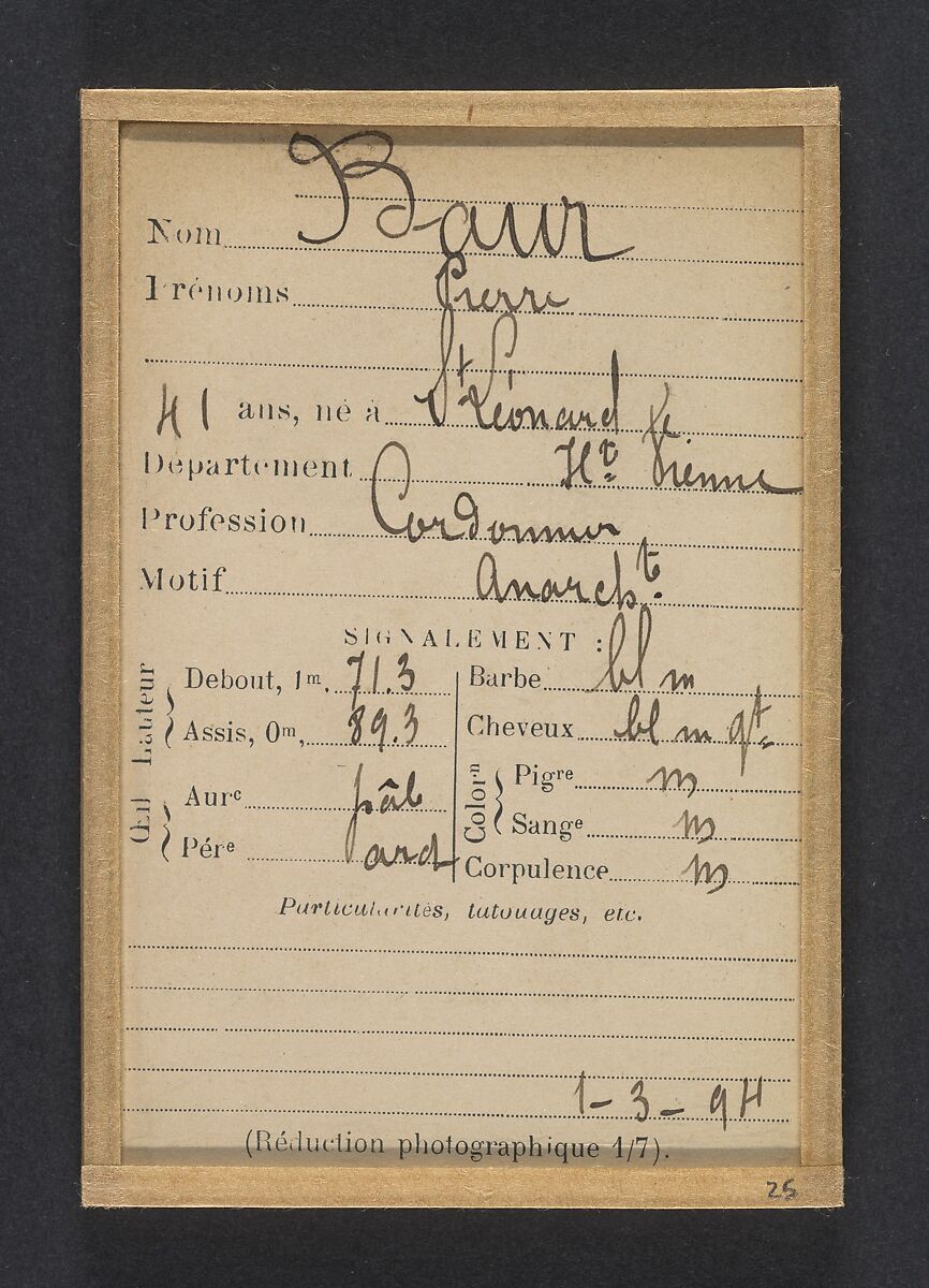 Baur. Pierre. 41 ans, né à St Leonard (Haute-Vienne). Cordonnier. Anarchiste. 1/3/94., Alphonse Bertillon (French, 1853–1914), Albumen silver print from glass negative