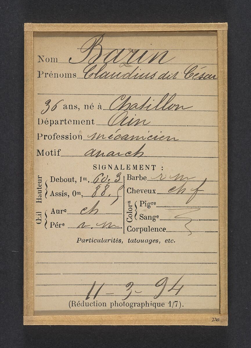 Bazin. Claudius dit César. 36 ans, né à Chatillon (Ain). Mécanicien. Anarchiste. 11/3/94., Alphonse Bertillon (French, 1853–1914), Albumen silver print from glass negative
