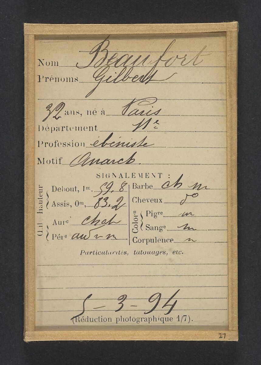 Beaufort. Gilbert. 32 ans, né à Paris Xle. Ébéniste. Anarchiste. 5/3/94., Alphonse Bertillon (French, 1853–1914), Albumen silver print from glass negative